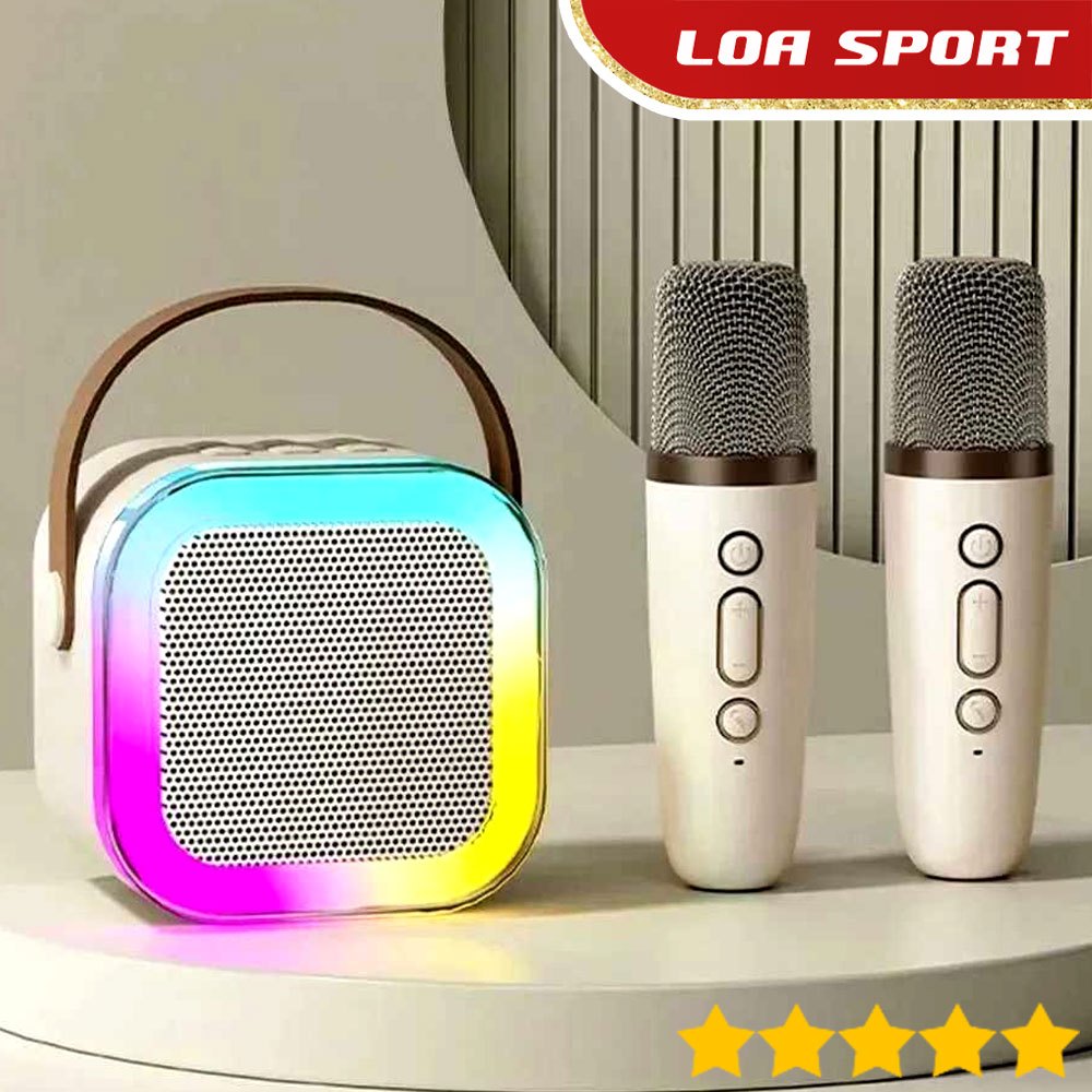 Speaker Karaoke Piknik Mini Portable Bluetooth 2 Wireless Mic Cream