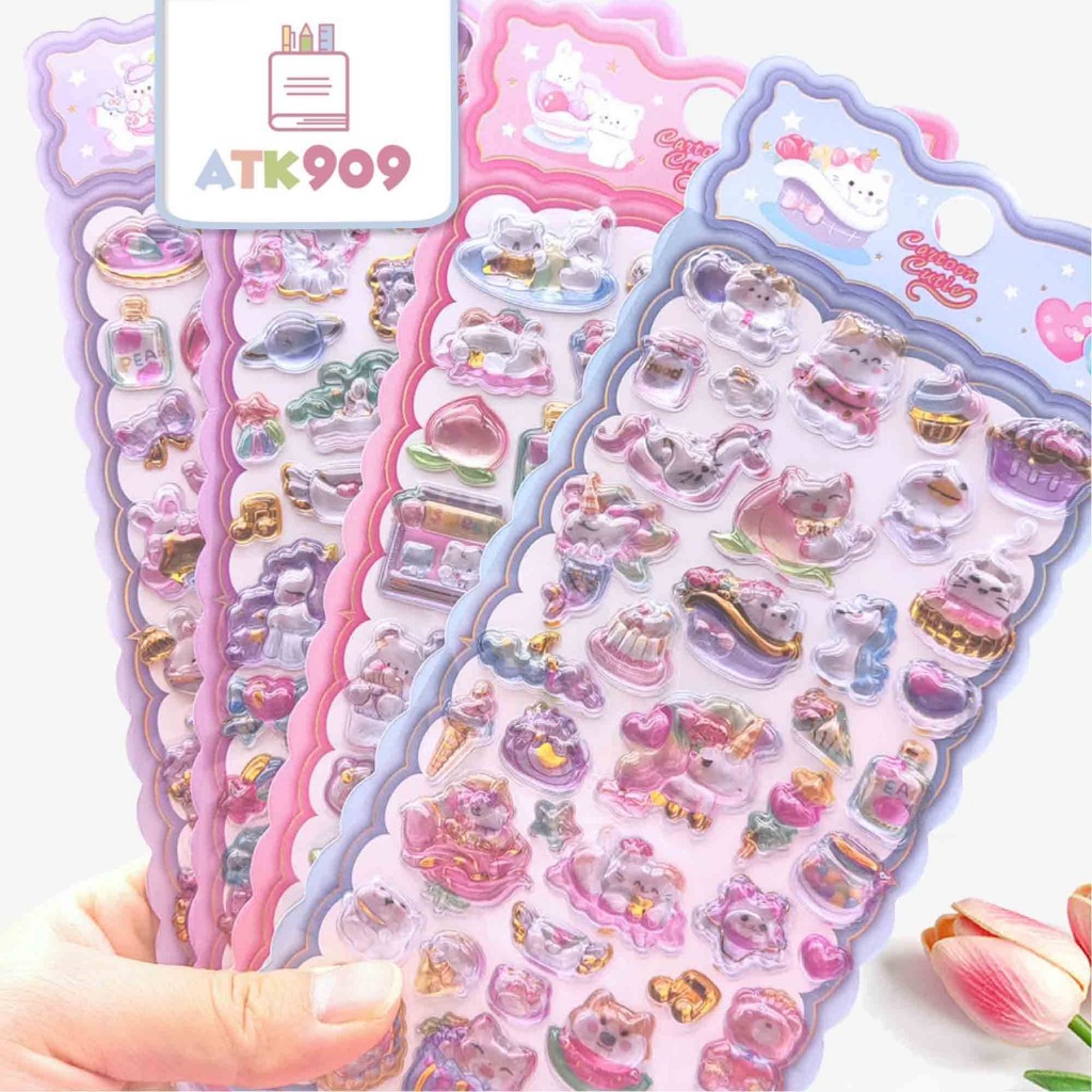 

ATK909 3D Stiker Lucu Karakter Kartun Unicorn Bear Cat Sticker Kristal Transparan Tahan Air DIY Stiker Dekorasi Buku Casing Hp