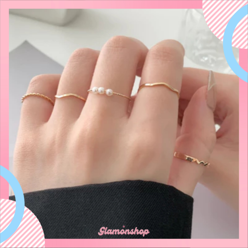 GS CC667 Cincin Perak Gold Wanita Isi 5 pcs Model Korea Aksesoris Fashion Cantik Elegan