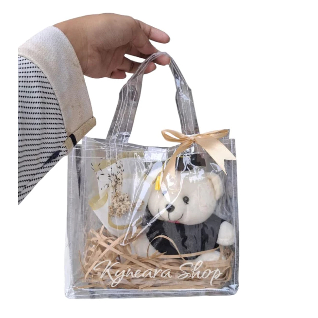 gift boneka wisuda / non wisuda hadiah wisuda tas mika transparan