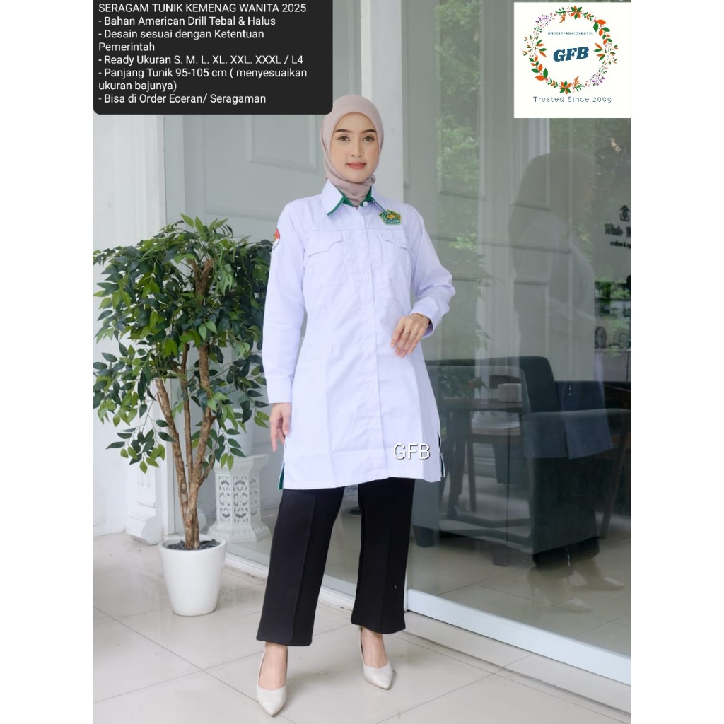 TUNIK KEMENAG PUTIH WANITA LENGAN PANJANG / BAJU WANITA ASN PUTIH / TUNIK PDH WANITA PUTIH LENGAN PA