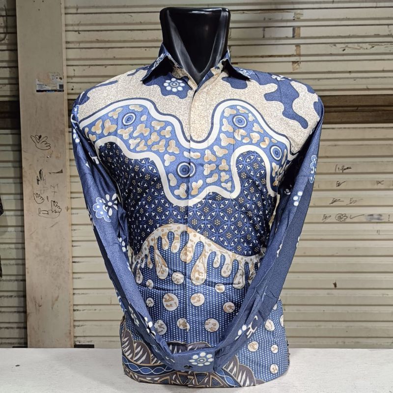 FREE ONGKIR BATIK PRIA LENGAN PANJANG BIRU PUTIH BAJU SERAGAM ACAR PESTA PERNIKAHAN DAN KANTOR