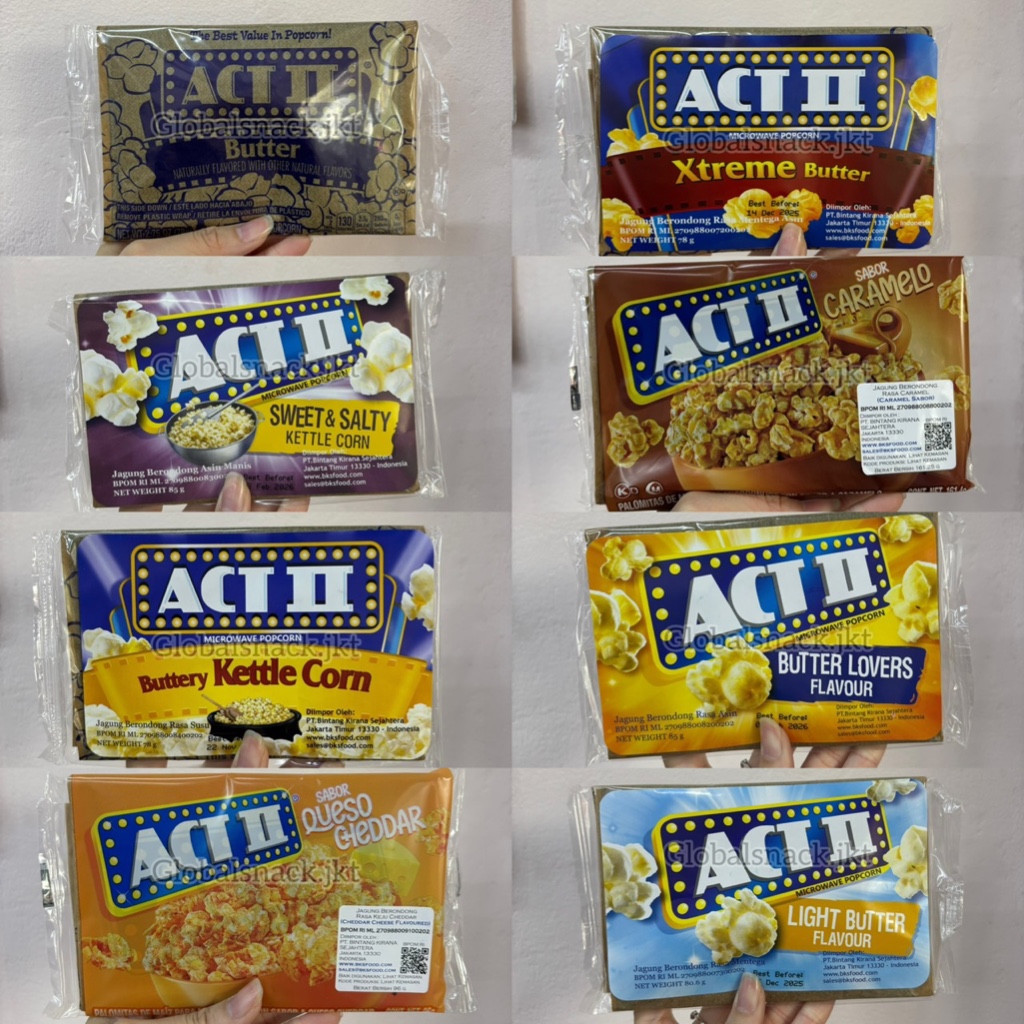 

POPCORN ACT II BUTTER LOVERS/ BUTTERY KETTLE CORN / LIGHT BUTTER / SWEET & SALTY / XTREME BUTTER / CHEEDAR CHEESE / CARAMEL / BUTTER ORIGINAL