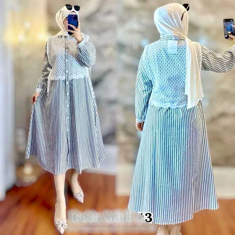 Midi Dress Salur Kombinasi Brokat Midi Dress Katun Salur Renda Premium Wanita Korean Style