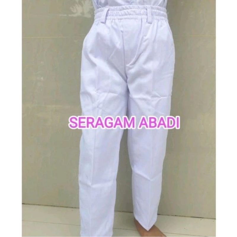 celana panjang putih sekolah tk, sd, mi pinggang full karet bahan navara japan drill