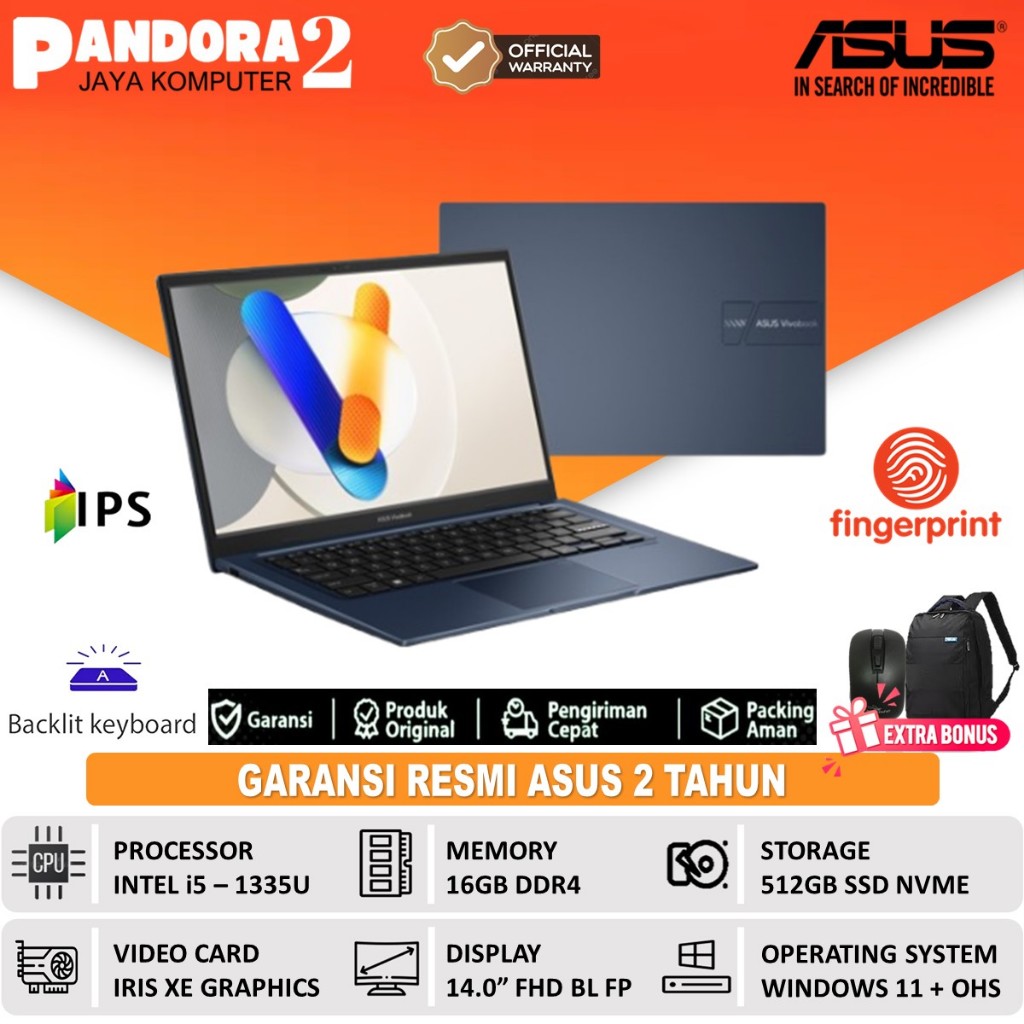 Laptop Asus Vivobook 14 Core i5 1335U 16GB 512GB 14.0 FHD IPS Win 11 Baru Original