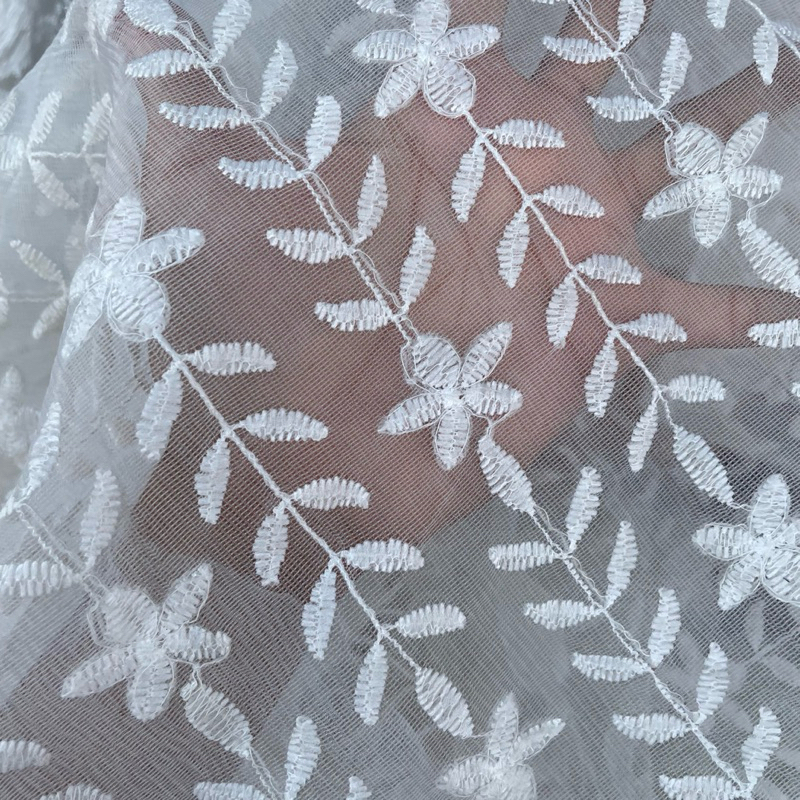 kain bordir - kain tille bordir motif bunga impor - kain tulle bordir - kain tille bordir warna puti