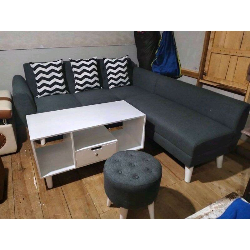 sofa L minimalis sofa L putus sofa ruang tamu+meja kayu +stool bulat 1