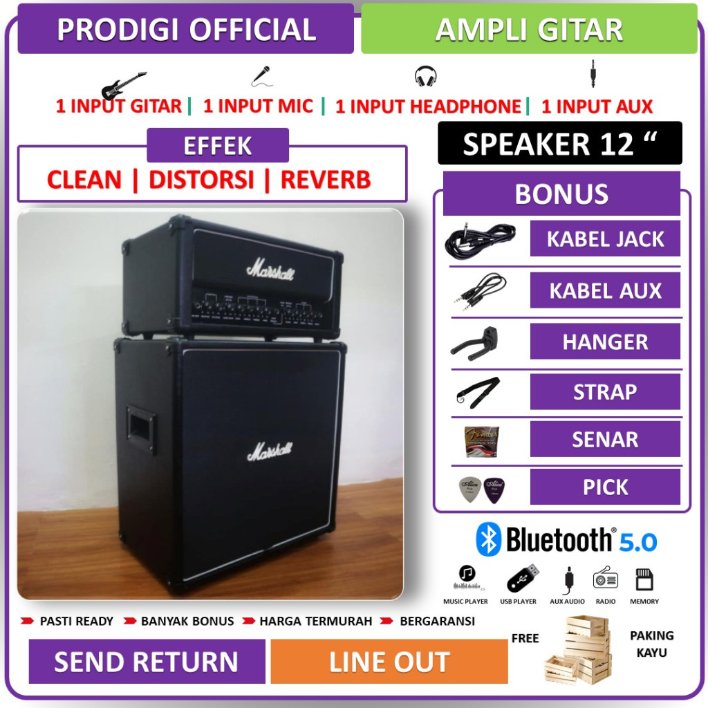 Ampli Gitar & Bass 12 Inch bluetooth bisa untuk karaoke Marshall 3 Input Head Cabinet Bonus Kabel Ja