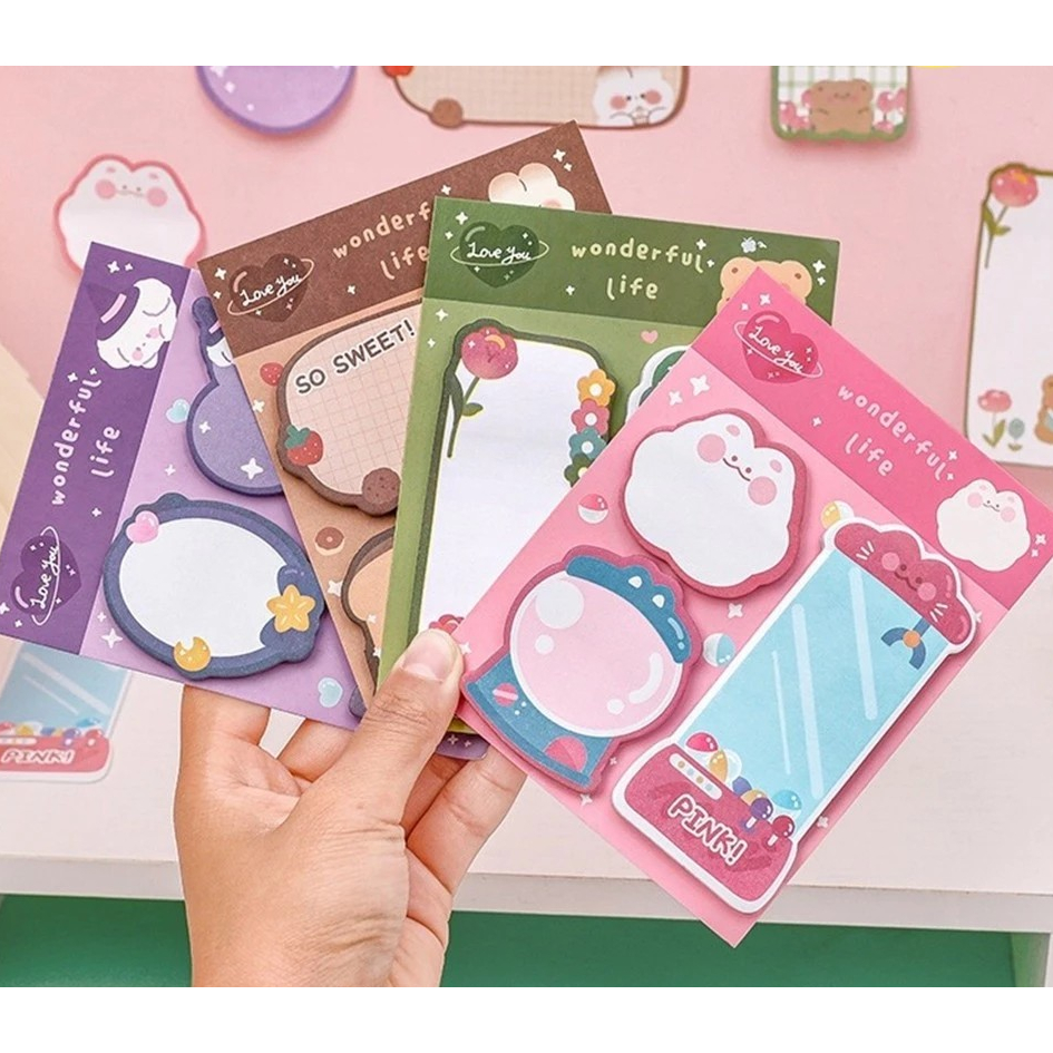 

ATMS-Sticky Notes Lucu 3IN1 Karakter Bear Cat Rabbit Tempelan Kertas Catatan 60 Lembar Notes Kertas Tempel Pembatas Buku Motif