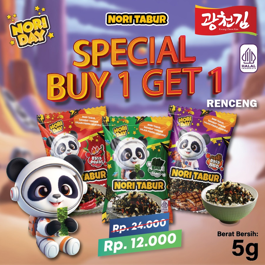 

(BUY 1 GET 1) NoriDay Nori Tabur Rice Noodle Halal Rumput Laut Panggang (1 RENCENG ISI 12PCS) 5g