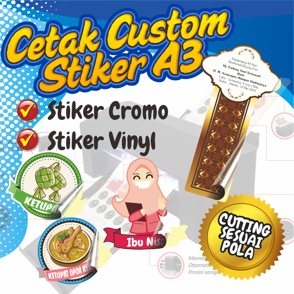 

Cetak Sticker Vinyl/Cromo Custom A3|Kiss cut|Mister Print seharga Rp10.000-Rp15.000. Di Shopee!!!!!!