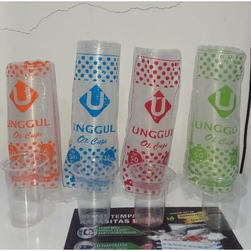 UNGGUL GELAS CUP PLASTIK DATAR 10 Oz 12 Oz 14 Oz 16 Oz 50 PCS