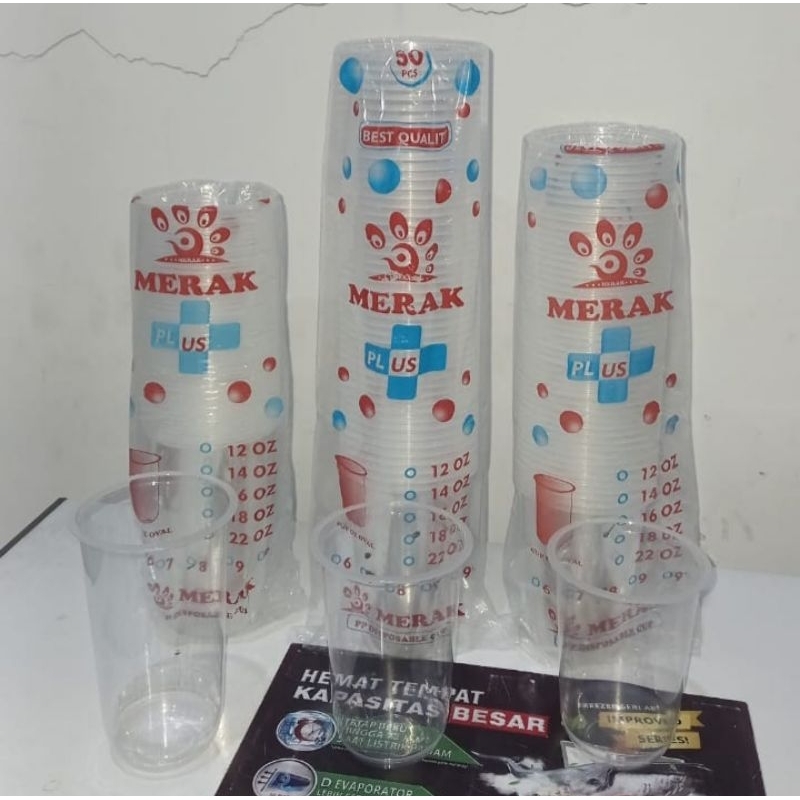 MERAK GELAS CUP PLASTIK OVAL 16 Oz 8gr 18 Oz 7gr 22 Oz 8gr 50 PCS