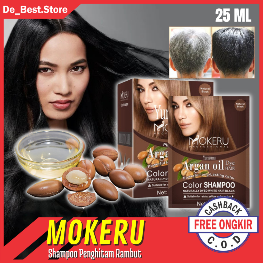 MOKERU Semir Rambut Hitam Beruban 25ml - MOKERU Argan Oil Black Hair Color Shampoo 25ml