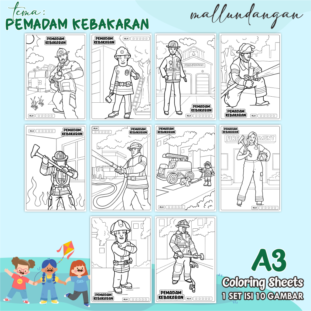 

LEMBARAN MEWARNAI ANAK A3 - TEMA PEMADAM KEBAKARAN - PAPER COLORING SHEETS FOR KIDS