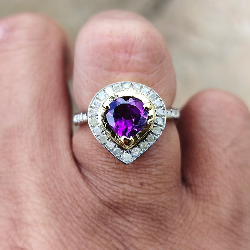 cincin cewe mata utama natural kecubung keliling berlian eropah
