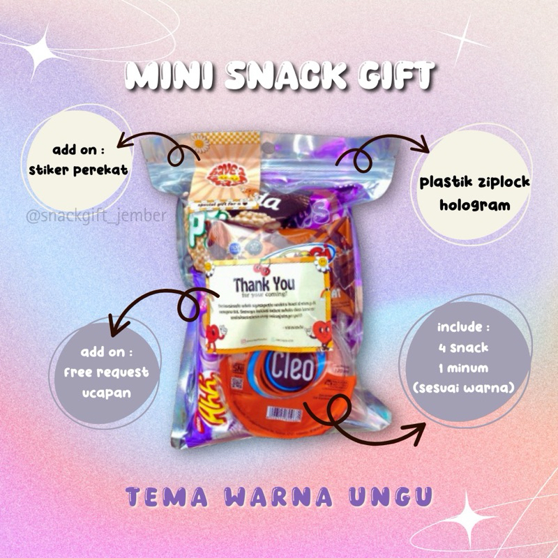 

Mini Snack Gift Ultah/Sempro/Wisuda/Lebaran/Freebies Tema Warna Ungu MINIMAL ORDER 10 PCS