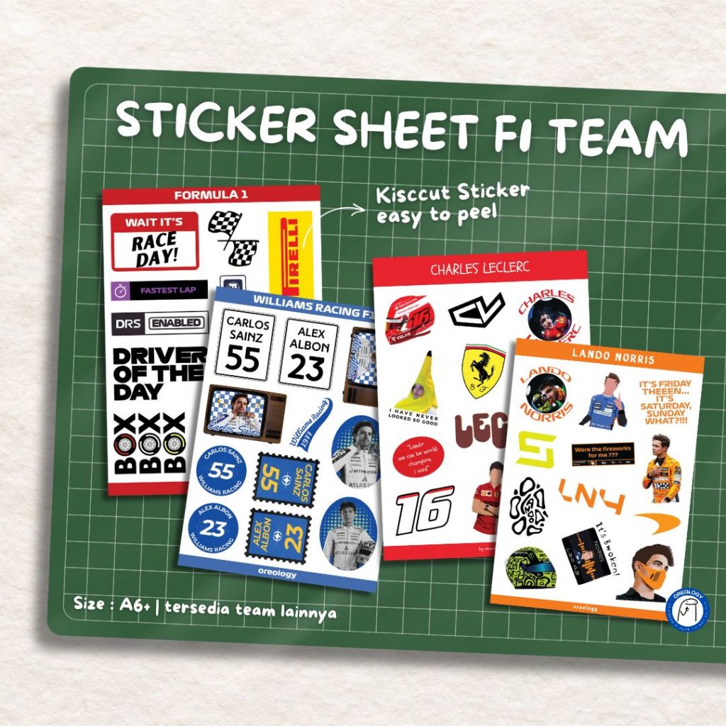 

STICKER SHEET F1 TEAM FERRARI MCLAREN MERC REDBULL WILLIAMS DLL KISSCUT STIKER GLOSSY STIKER LAPTOP