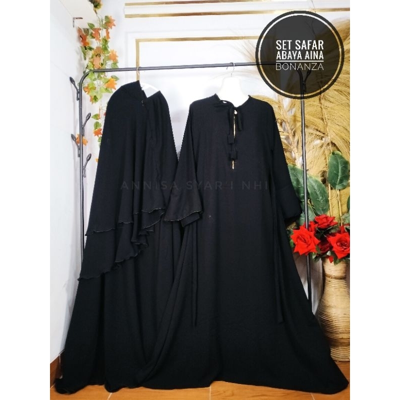 [BISA COD] SET GAMIS CADAR SAFAR ABAYA DEWASA MODEL AINAA MANSET TEROMPET ANTI SINGKAP JETBLACK BONA