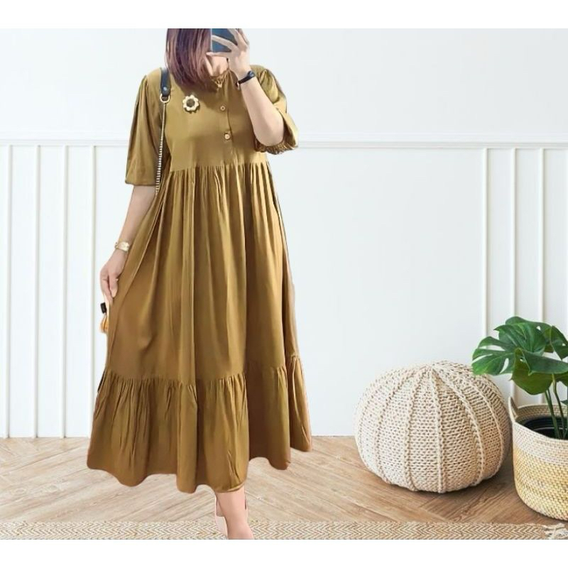 Nabila dress bahan rayon twill super tebal kancing depan busui midi dress kekinian