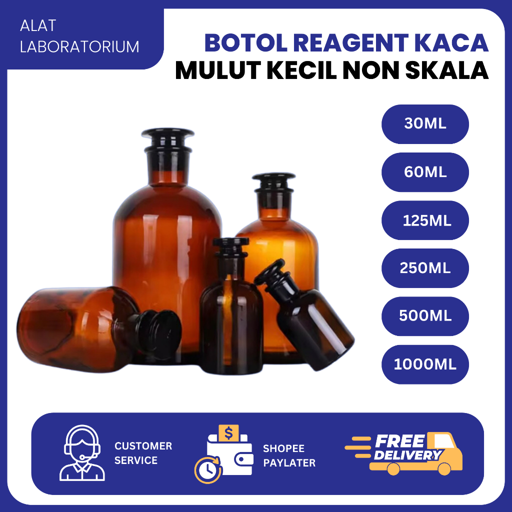 Botol Reagen Kaca Amber Mulut Kecil Narrow Neck Tanpa Skala 30ml 60ml 125ml 250ml 500ml 1000ml Botol