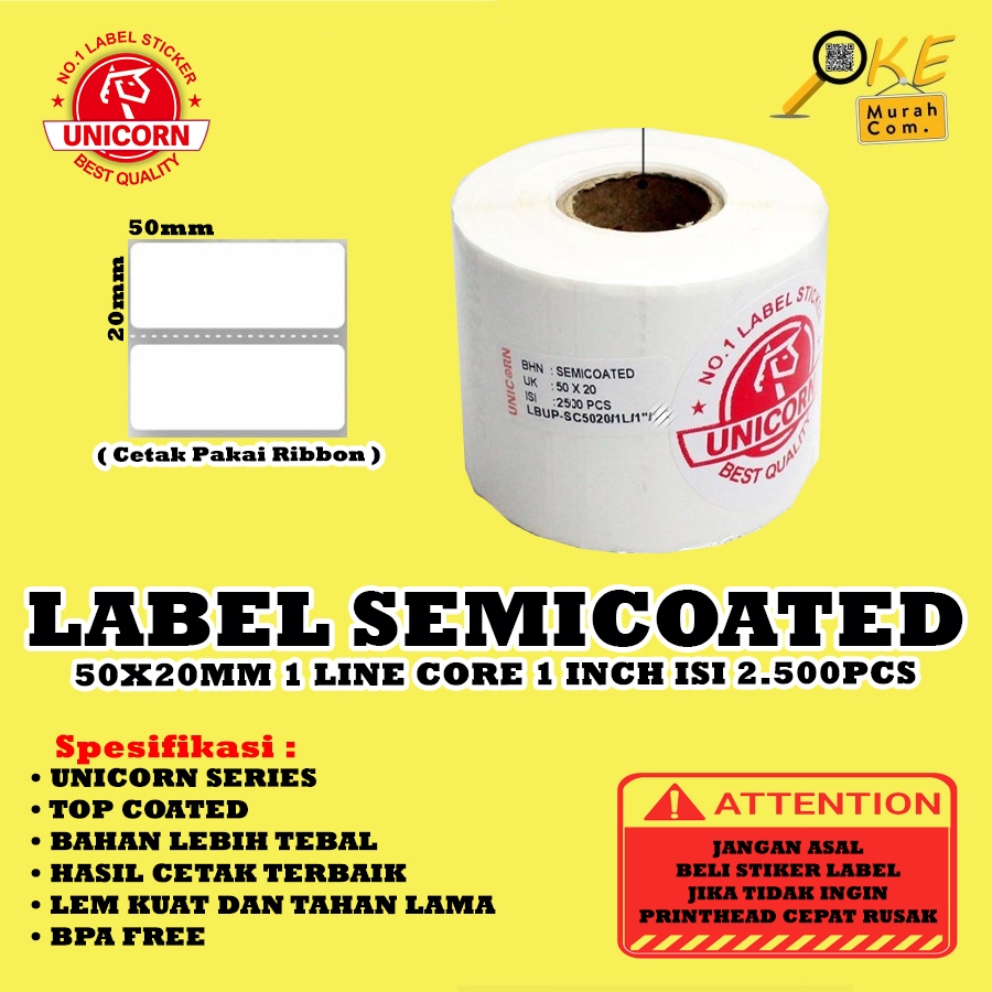 

Stiker Label Barcode Semicoated 50x20 mm / 50 x 20 mm / 50x20mm 1 Line Core 1 Inch Isi 2.500pcs