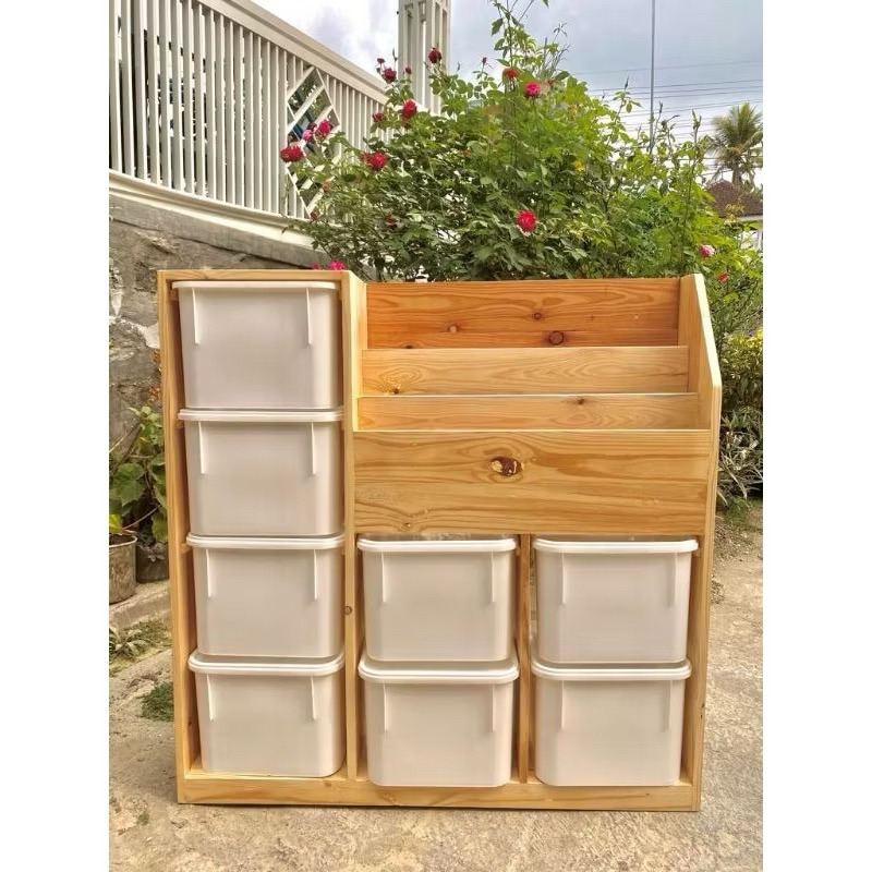 JUMBO RAK KAYU STORAGE MAINAN 2in1 RAK BUKU WOODEN JATI BELANDA BOOKSHELF TINGKAT 6 BOX TEMPAT PENYI