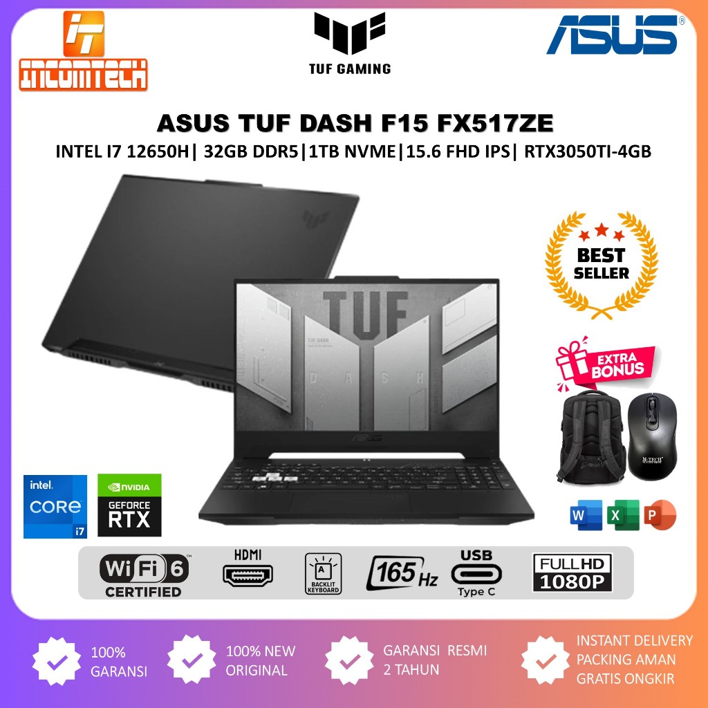 Laptop Gaming Asus TUF DASH F15 FX517ZE Core i7 12650H 32GB DDR5 1TB RTX3050Ti-4GB FHD IPS 144HZ WIN