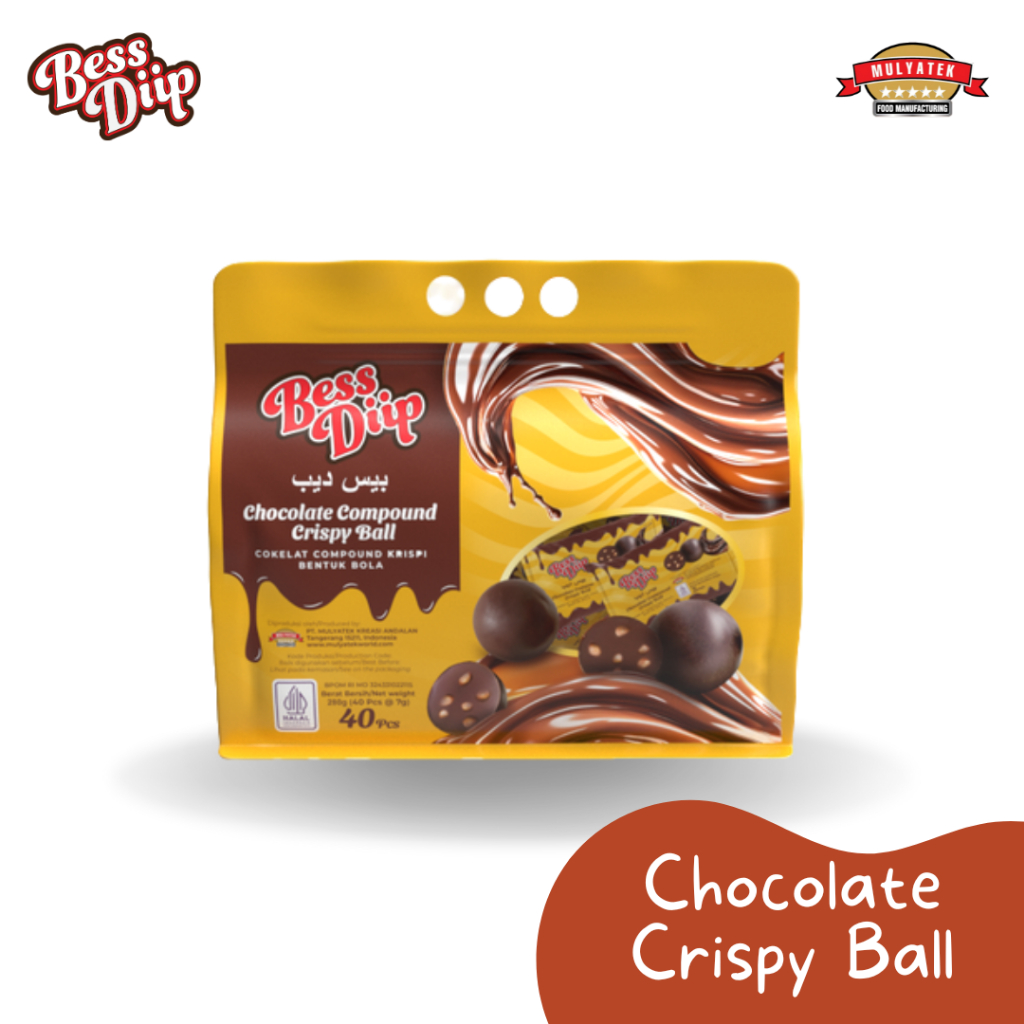 

Bess Diip Crispy Chocolate Ball Snack Bola Coklat Renyah Crispy 7 gr, 40 pcs