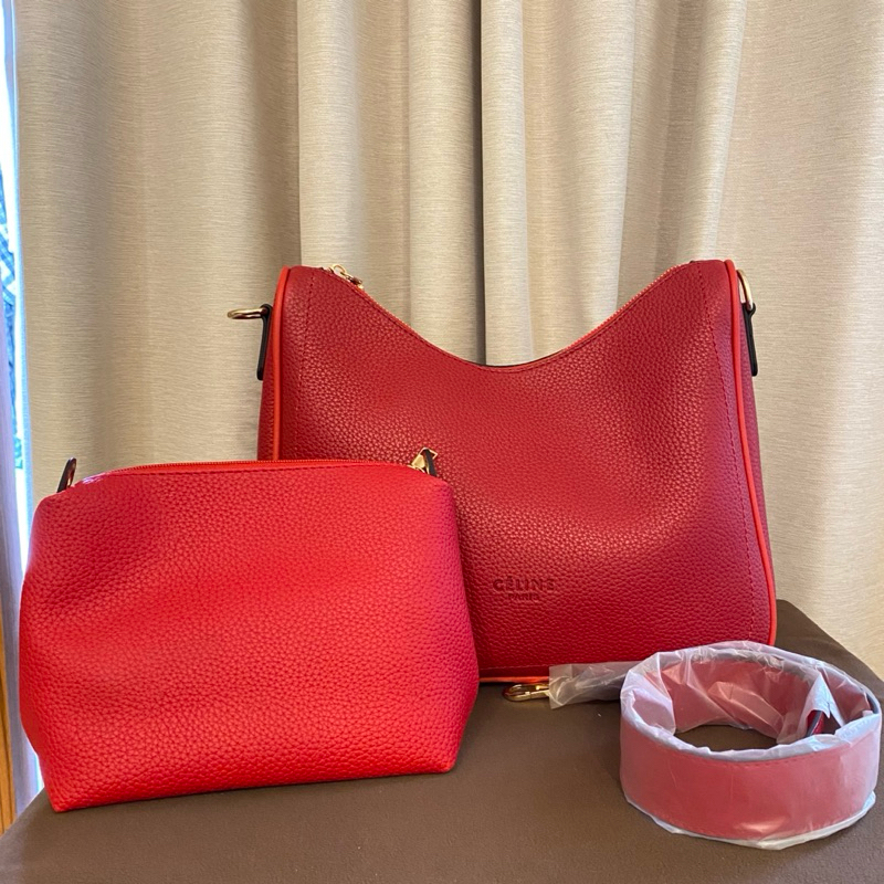 Celine Sangle Bucket Bag Red – Leather Shoulder Bag with Pouch - Semi Mirror