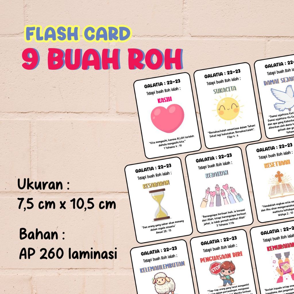 FLASH CARD 9 BUAH ROH-FLASH CARD ALKITAB- FLASH CARD FULL COLOUR-TOOLS SEKOLAH MINGGU