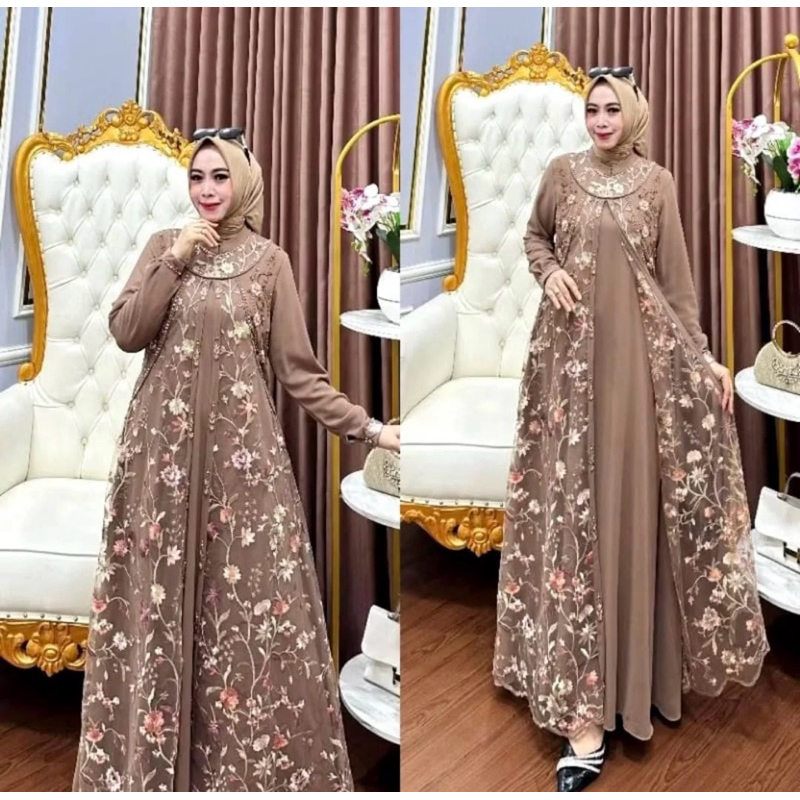 Gamis Dress Diandra Dress Ceruty Babydoll mix Tille Aplikasi Payet Gamis Dress Wanita Hijab