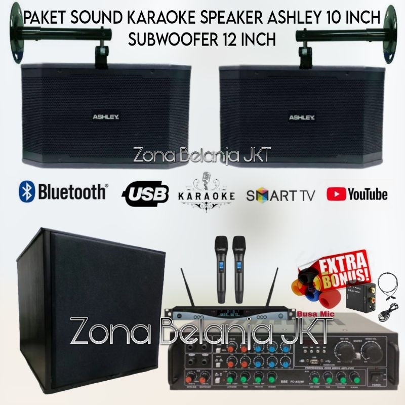 Paket Sound System Karaoke Speaker Ashley 10 Inch + Subwoofer 12 Inch Amplifier Usb Bluetooth Murah 