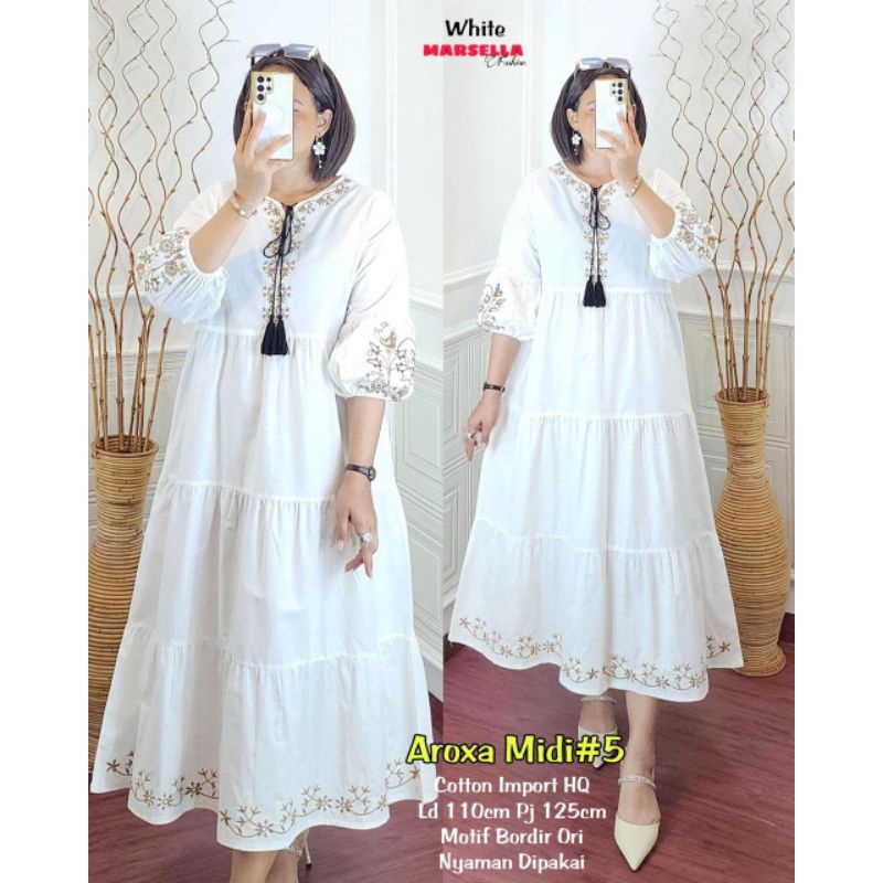 ARIXA MIDI DRESS WANITA BAHAN KATUN LINEN CRINKLE BORDIR PREMIUM JUMBO LD 110 PB 130 BY MARSELLA FAS