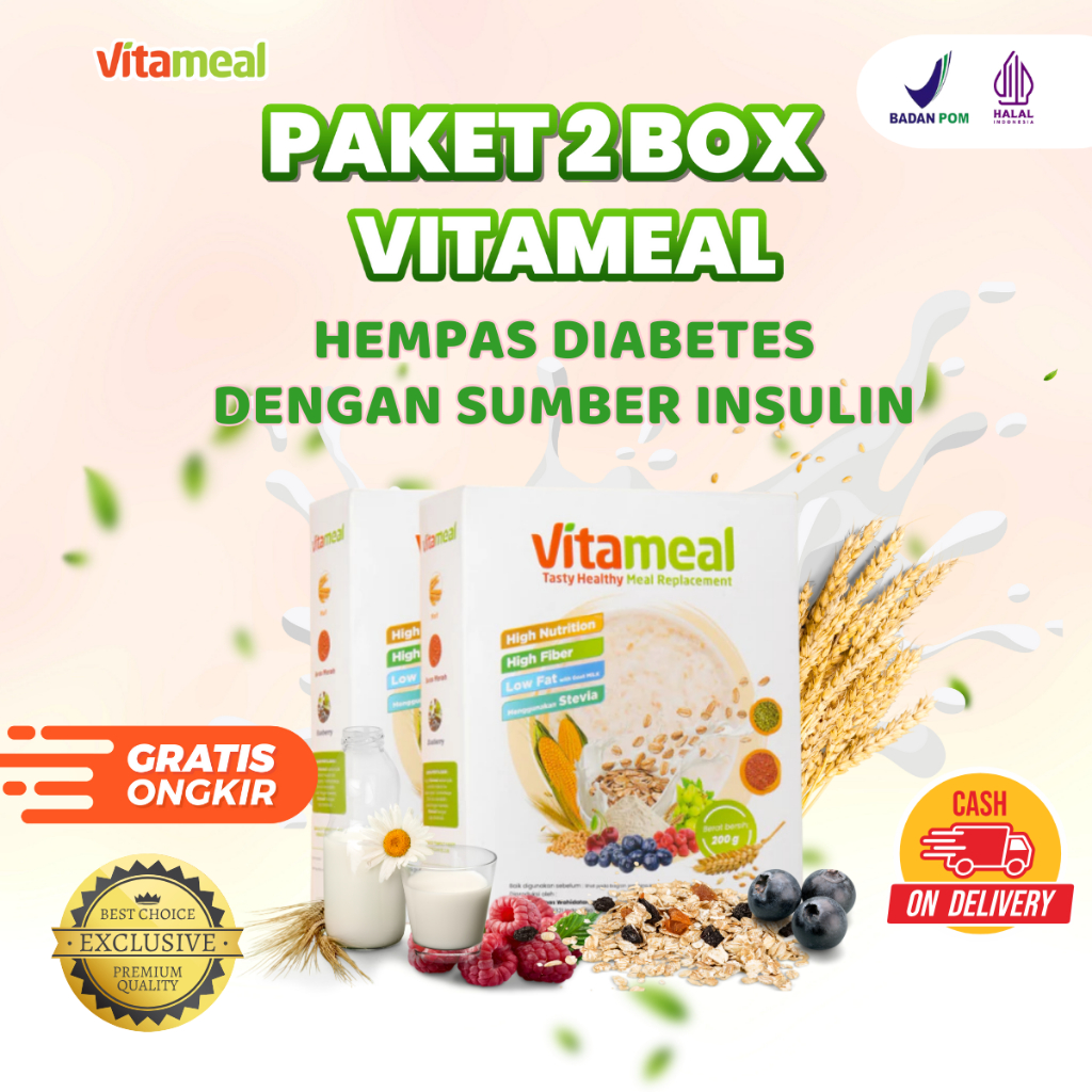 

[DIJAMIN AMPUH] VITAMEAL PAKET 2 BOX Sereal Ampuh Menurunkan Gula Darah Tinggi Sereal Sehat Sumber Insulin Serela Diet Menurunkan Berat Badan Mencegah Diabetes dan Kolesterol Paket 2 Box 200 gram