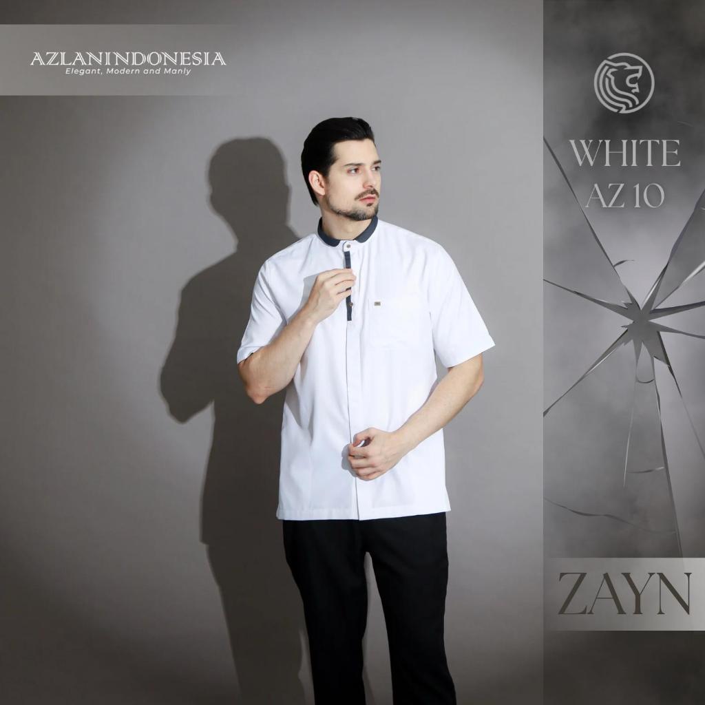 AZLAN Indonesia - Kemeja Koko Pria Zayn White Baju Muslim Pria Warna Putih Lengan Pendek AZ10