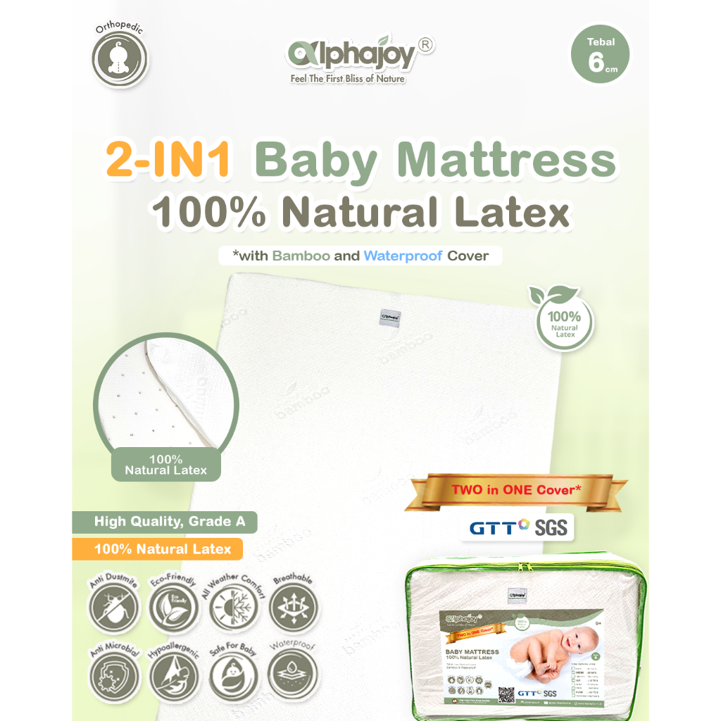 Matras Bayi Latex Alami Alphajoy 2in1 Mattress 100% Natural Latex Bamboo Waterproof 2 in 1 bed ukura