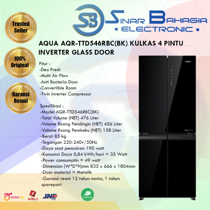 AQUA AQR-TTD546RBC(BK) KULKAS SIDE 4 PINTU INVERTER