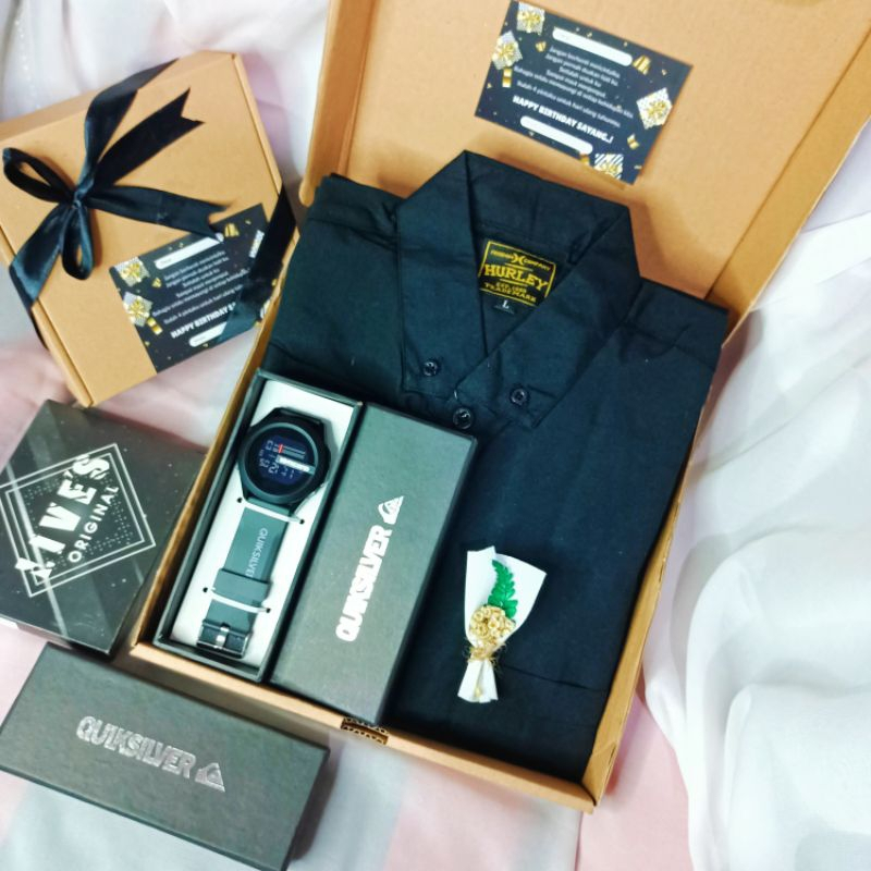 Hampers Kado Ulang Tahun Pria – Kemeja Hitam + Jam Tangan Waterproof + Dompet + Parfum