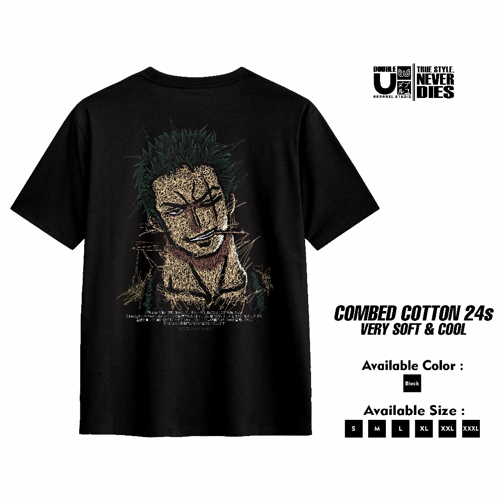 Double U Apparel Tshirt One Piece Roronoa Zoro - Kaos T shirt Hitam Scribbel OP02