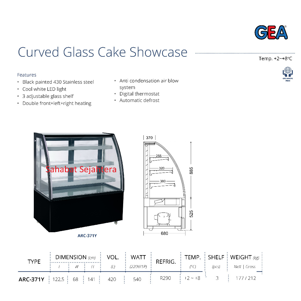 GEA Curved Glass Cake Showcase Pendingin ARC-371Y – Etalase Kue Kaca Melengkung LED