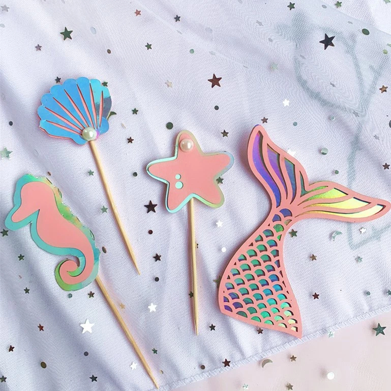 

HIASCAKE Topper Cake Mermaid Laut 4Pcs – Dekorasi Kue Tema Laut Holografik Lucu