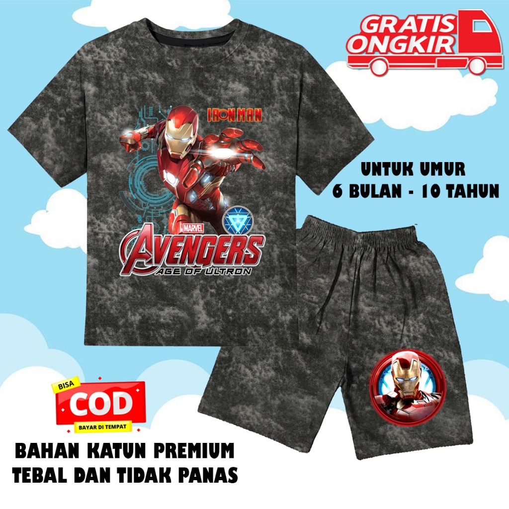 Setelan denim jeans lengan pendek anak laki laki perempuan set baju kaos pendek anak iron man 2