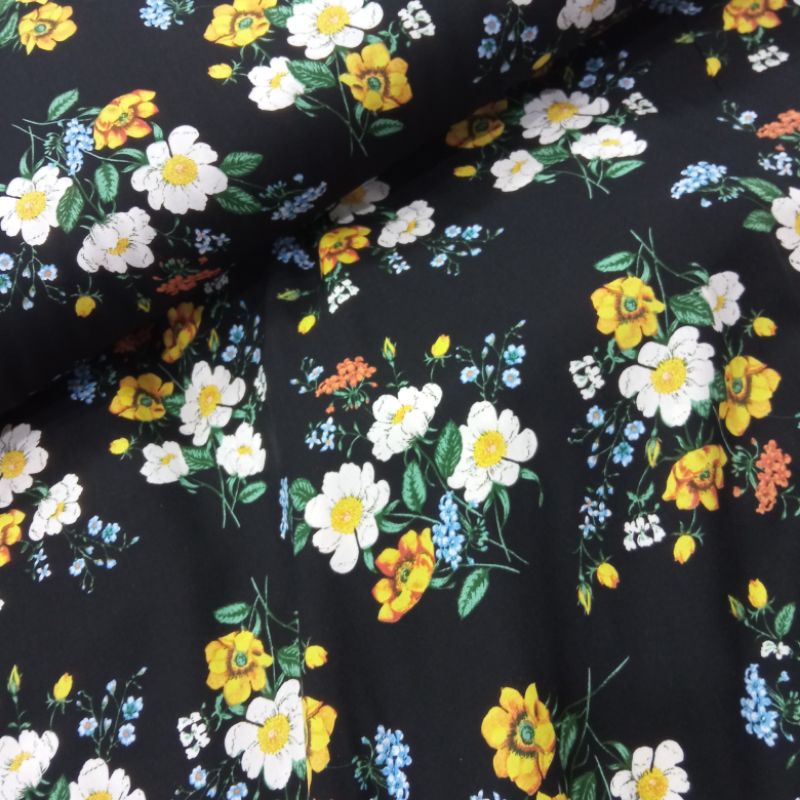 KAIN KATUN RAYON PREMIUM GARMENT BUNGA KUNING HITAM