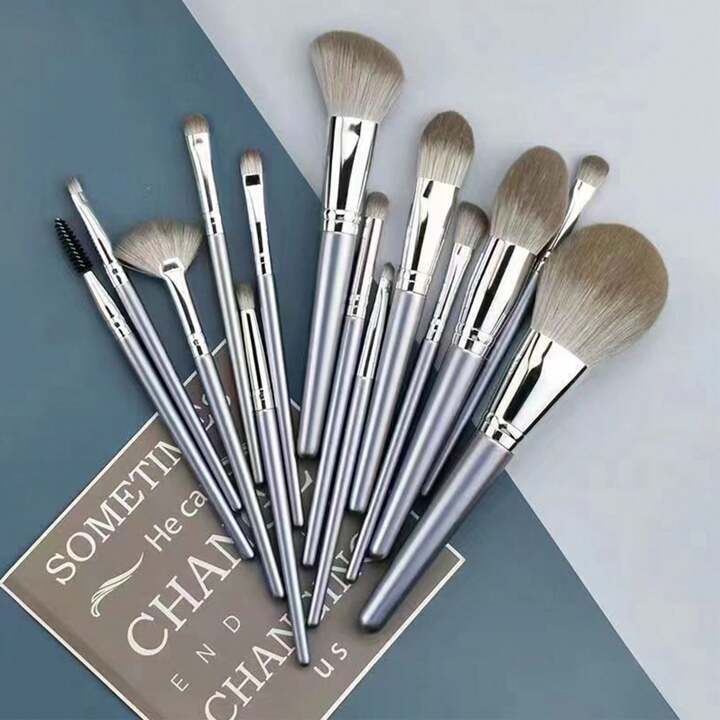 Kuas Makeup Set 14pcs Untuk Pemula - Bulu Sintetis Warna Silver, Travel & Lengkap