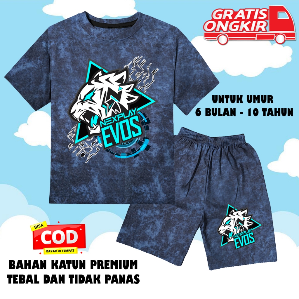 Setelan denim jeans lengan pendek anak laki laki perempuan set baju kaos pendek anak evos 1