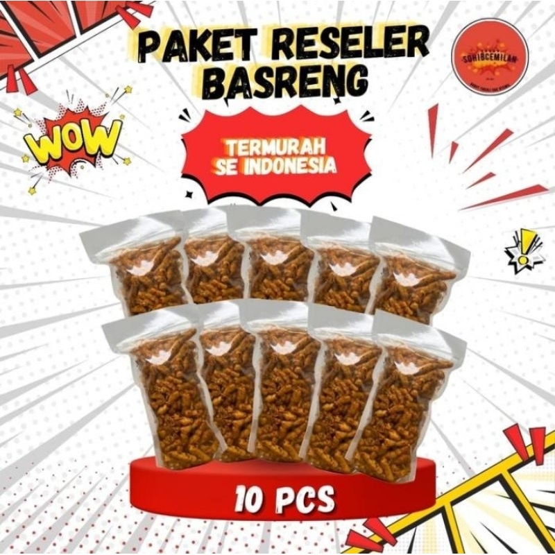 

PAKET RESELLER 10 Bungkus Ukuran 130gr Basreng/Usus Ayam Crispy Pedas