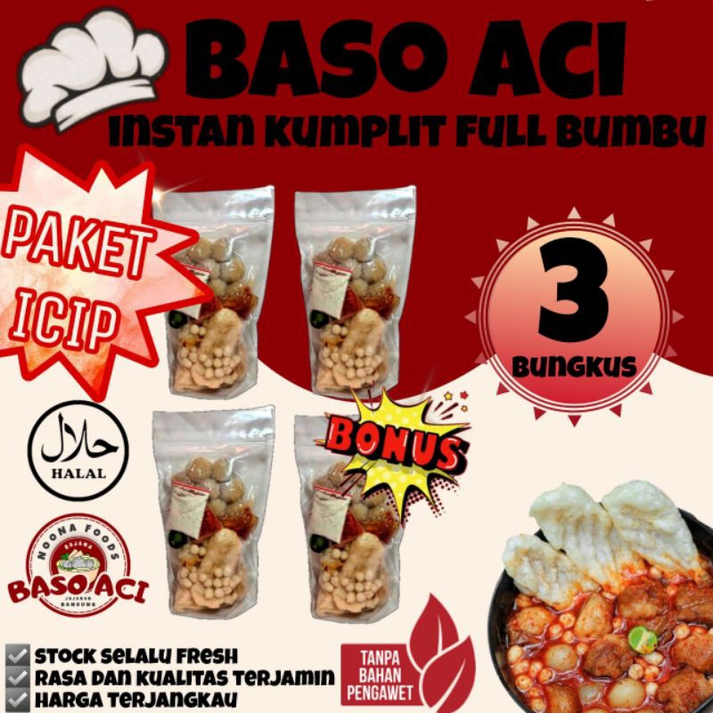 

[ Paket Icip 3 + bonus 1 Bungkus] Baso Aci Instan Khas Bandung Komplit Full Bumbu Pedas / Boci Homemade / Bakso olahan / Baci Kuah - Makanan Cemilan Viral