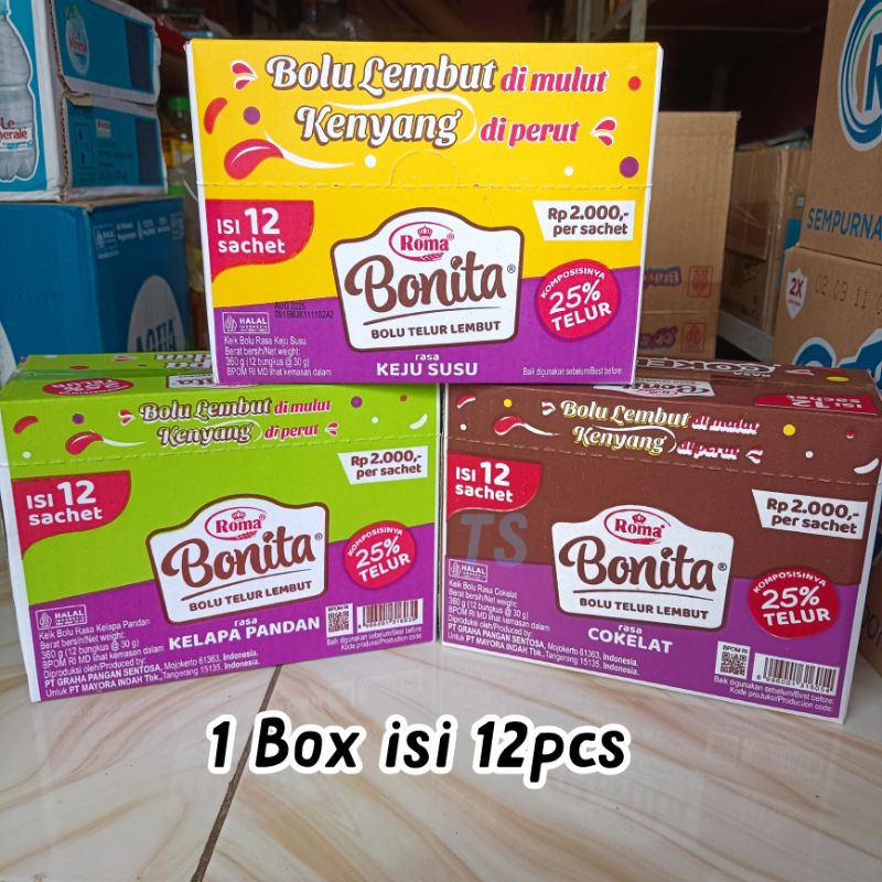 

Roma Bonita Bolu Telur Lembut All Varian. 1 Box isi 12 Bungkus